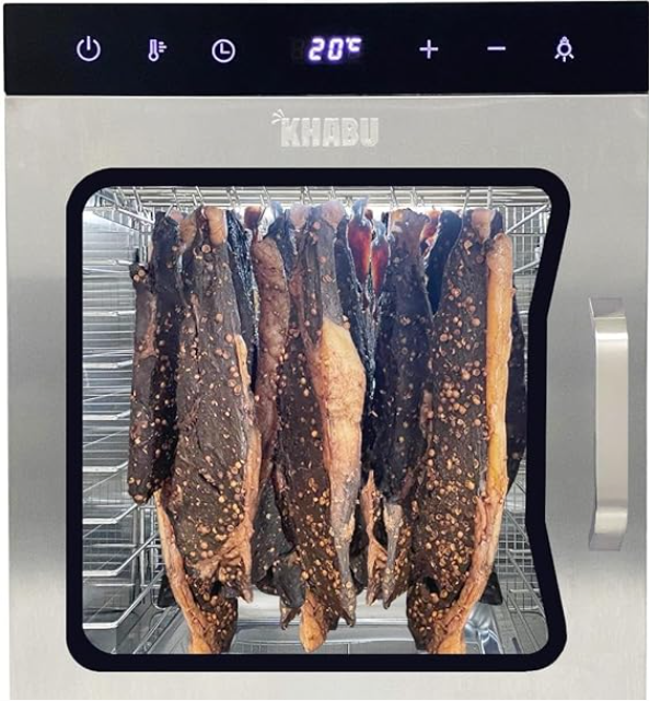 A purchased biltong maker, showing beautiful biltong. If dried completely and then ground this is how to make protein at home.
